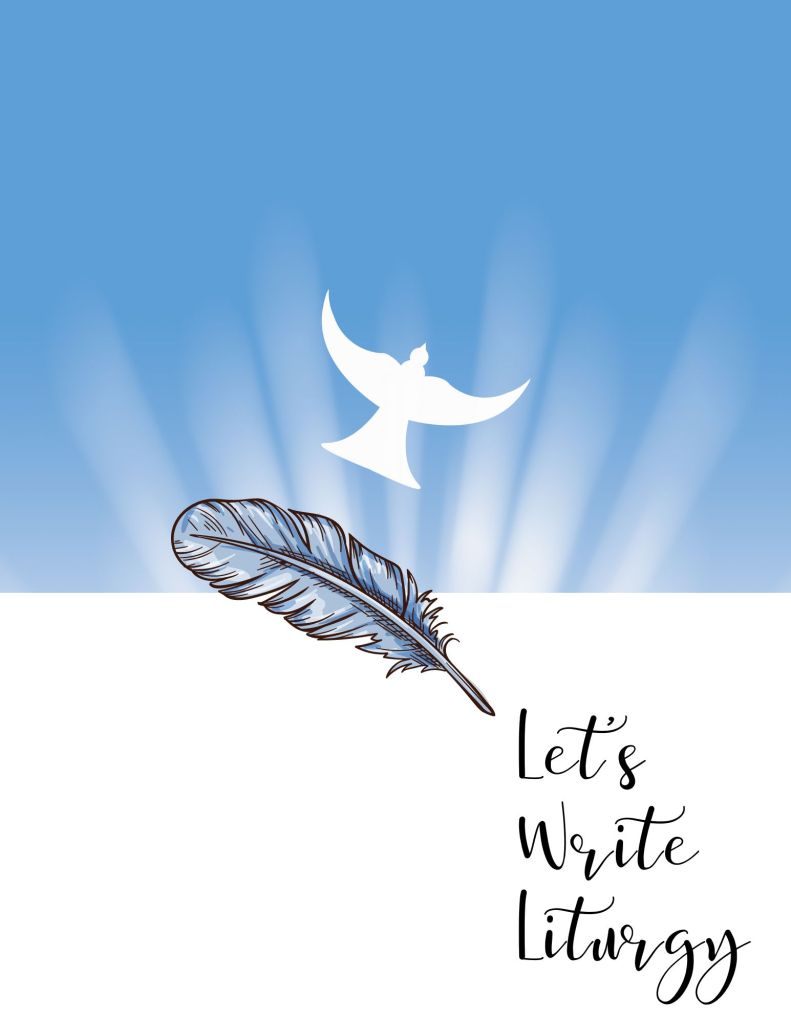 Let's Write Liturgy written in almost cursive by a quill pen melting into the holy spirit dove