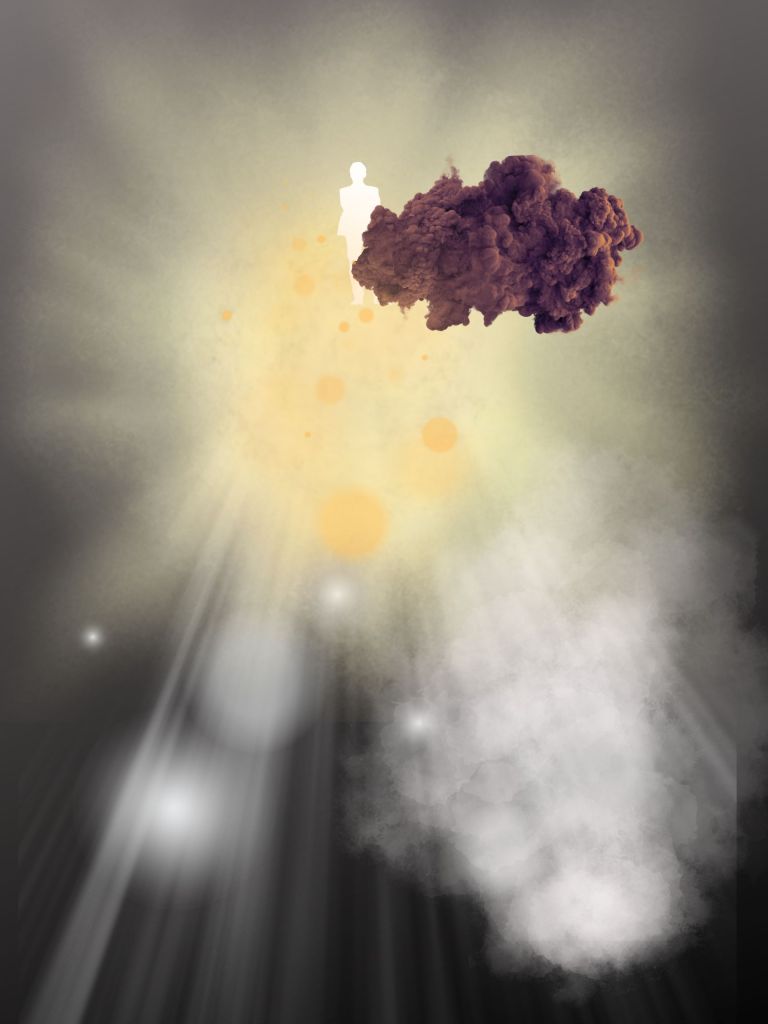 light human figure shining down with glares and a dark cloud slightly obscuring it, giving the eyes some relief