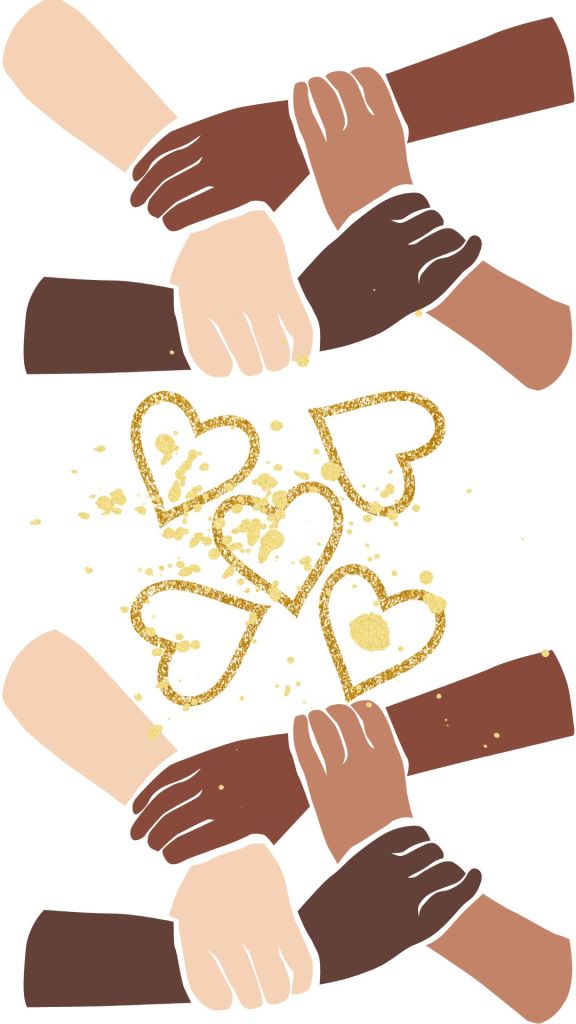 Black, Brown and White hands clasping around a scattering of hearts and glitter