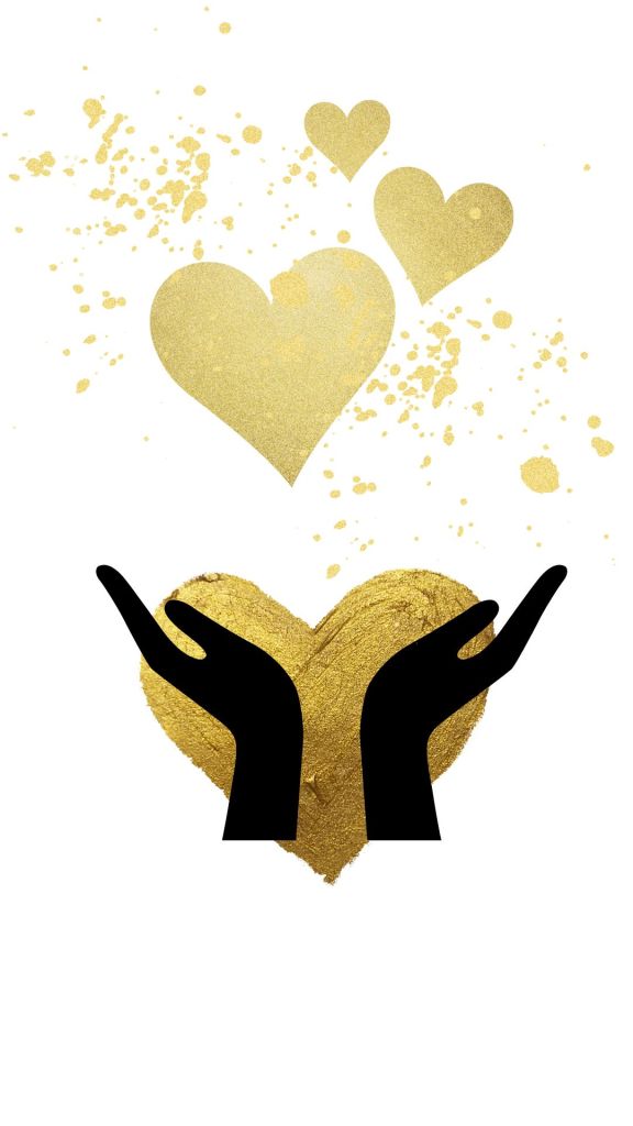 Hands lifting golden hearts and fireworks to God